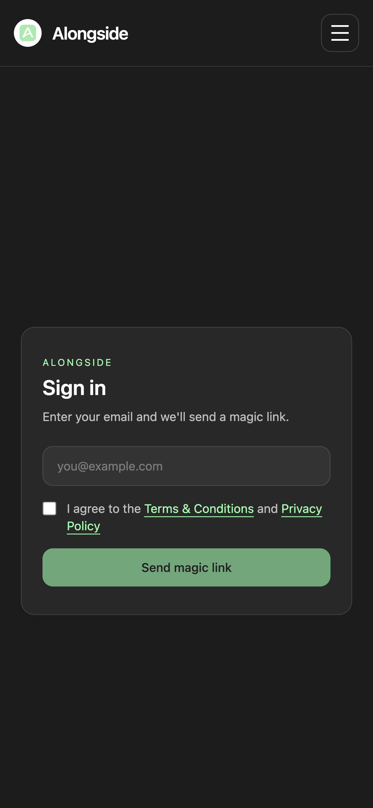 Sign-in card: an email field, an 'I agree to the Terms & Conditions and Privacy Policy' checkbox, and a Send magic link button.