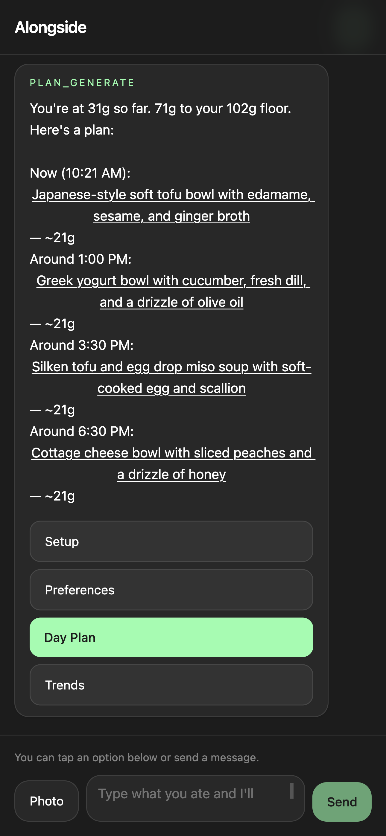 Day Plan output: grams remaining to the protein floor and a couple of time-stamped, protein-anchored meals that fit the time left.