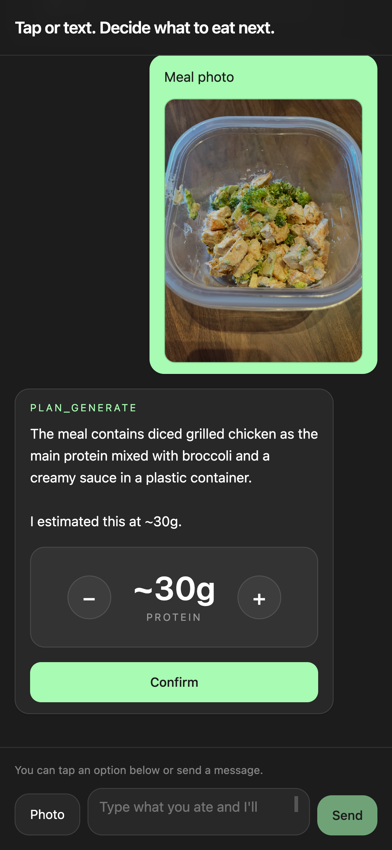Meal photo read — protein estimate with adjustable stepper before logging.