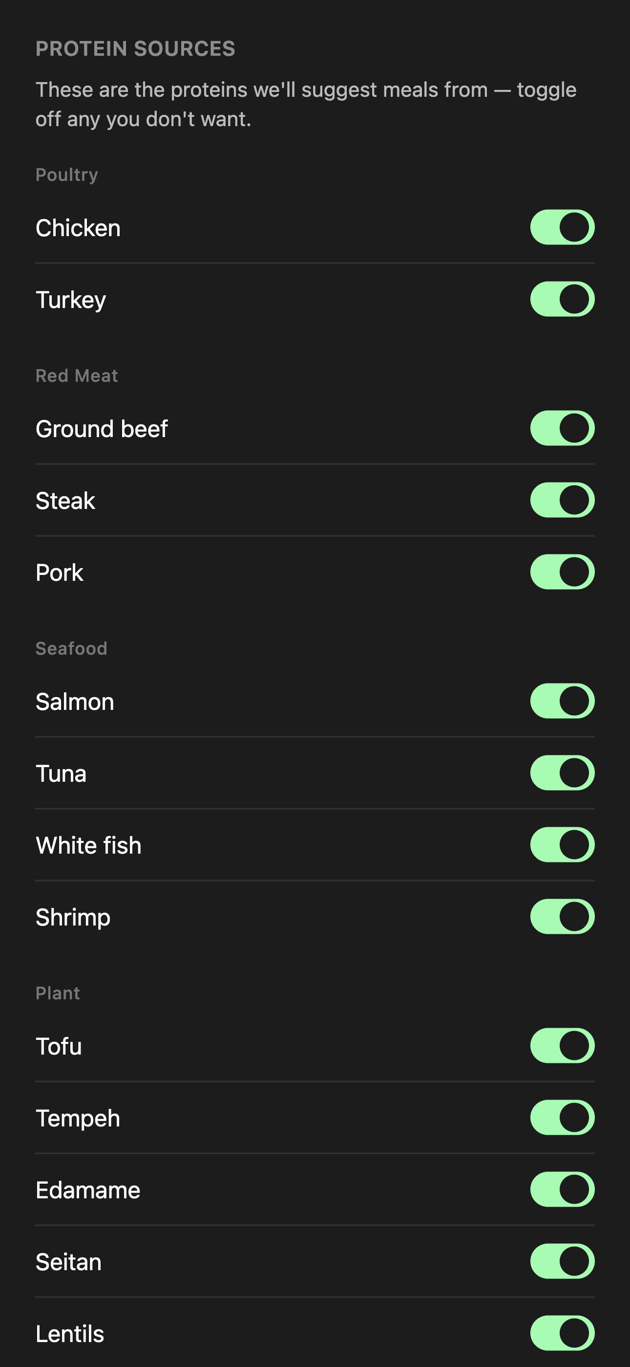 Protein sources preferences — poultry, red meat, seafood, and plant proteins, toggled on by default.