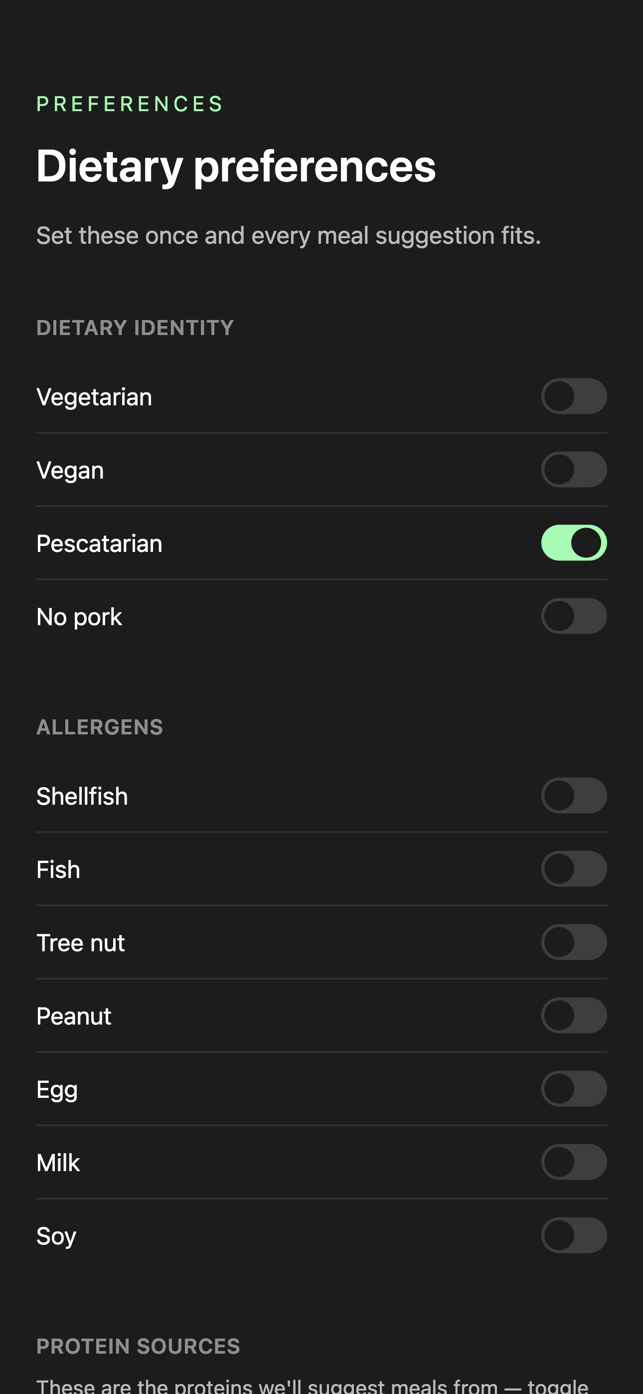 Preferences screen: toggle lists for dietary identity, allergens, and protein sources grouped by category, most switched on by default.