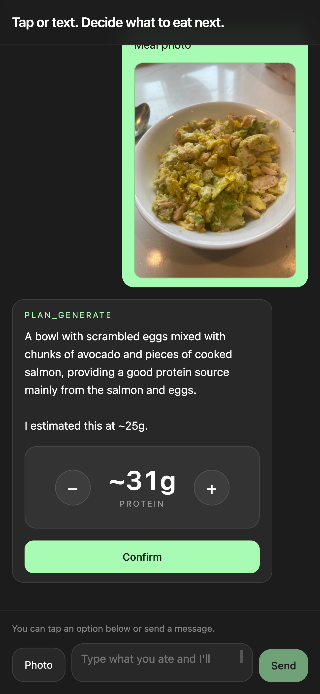A photographed meal read at about 30 grams of protein, with a 'Get my floor' button leading into setup.
