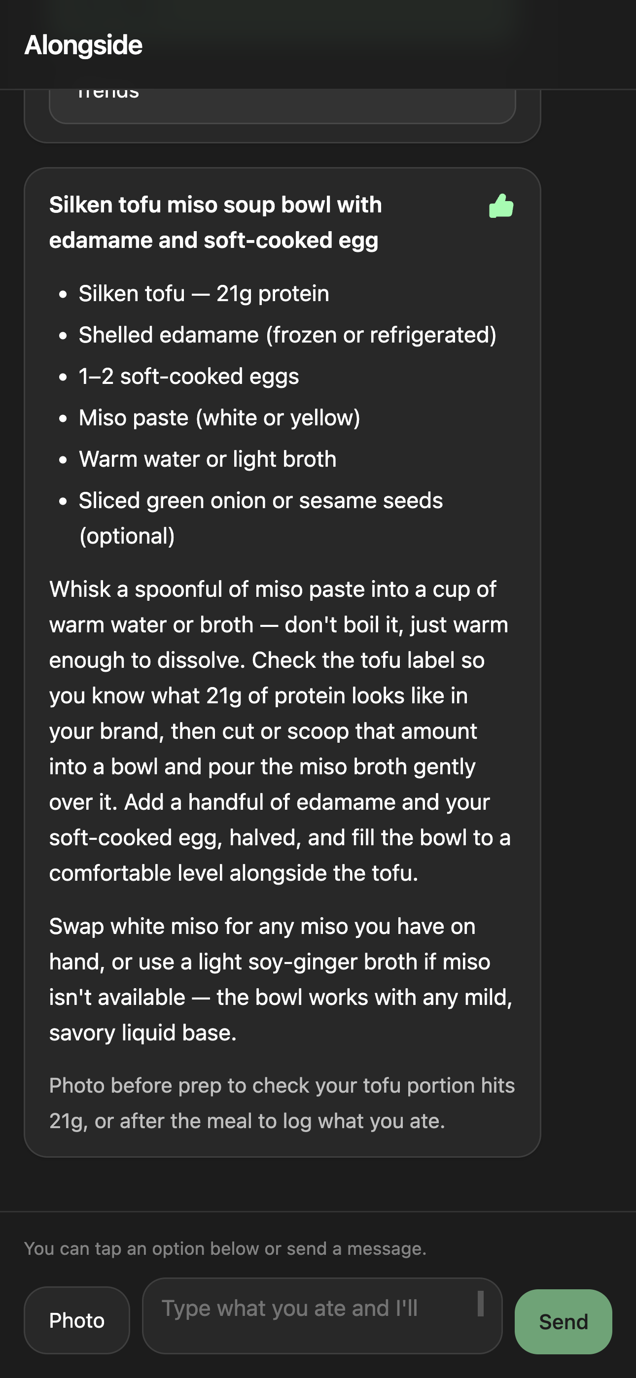 Quick Prep detail for a meal: ingredients, the protein call-out, light method, and a filled like thumb marking it as liked.