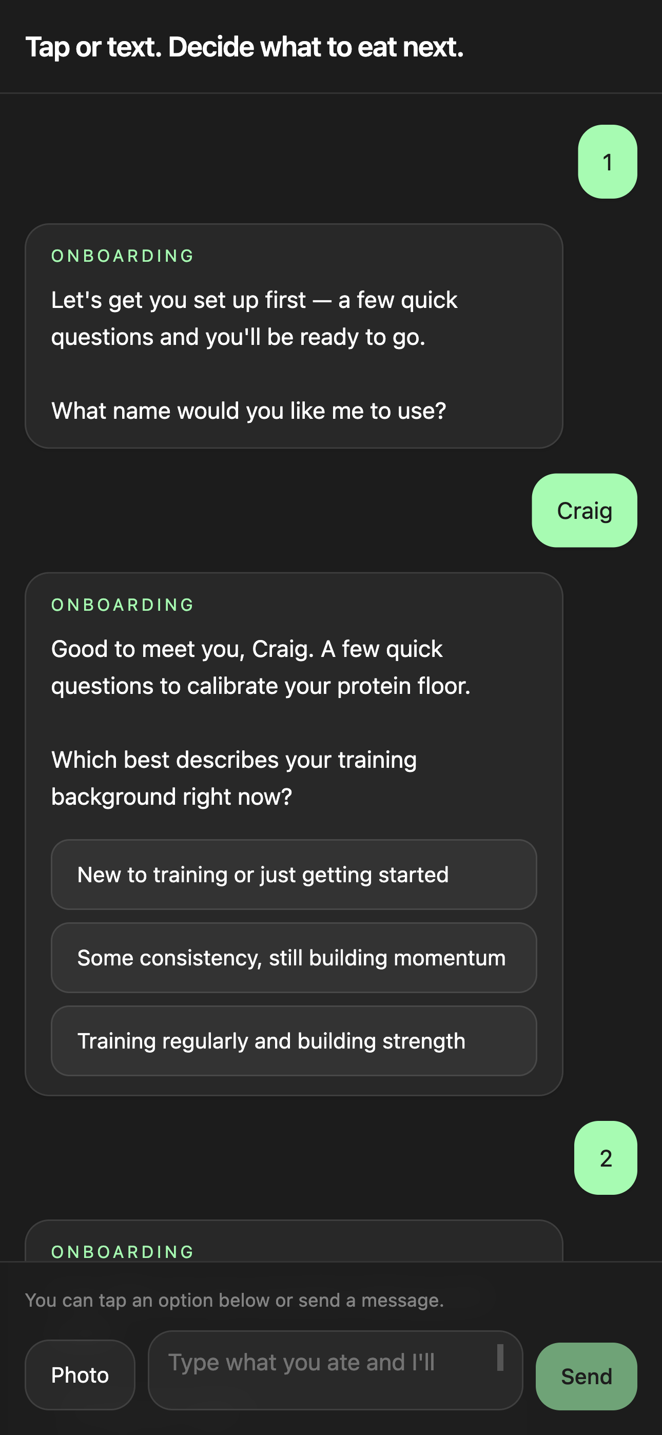 Setup onboarding chat: a coach-style message calibrating the protein floor, with tappable answer options.